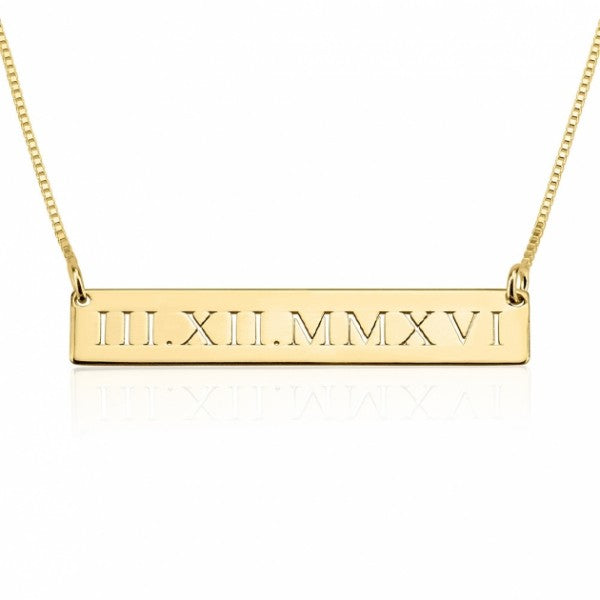 24K GOLD PLATED ROMAN NUMERAL ENGRAVED BAR NECKLACE