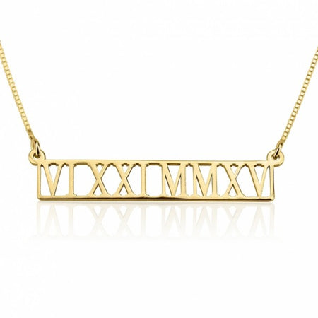 24K GOLD PLATED ROMAN NUMERAL ENGRAVED BAR NECKLACE
